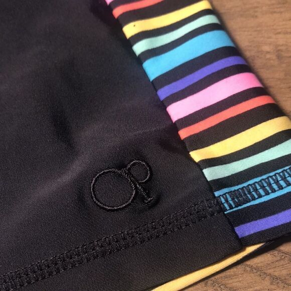 OP Peace ☮️ and Rainbow 🌈 Rash Guard Swim Shirt. Black Contrast Rainbow Piping - Picture 6 of 17